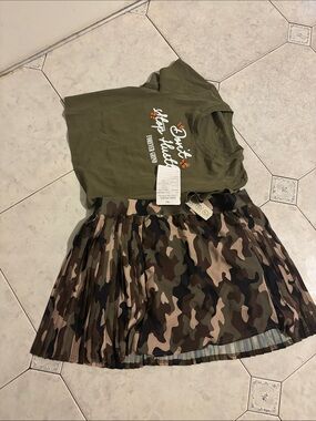 Women’s Olive Graphic Tee and Camouflage Pleated Skirt Set